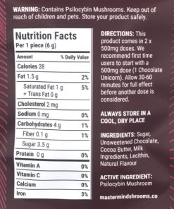 MasterMind – Chocolate Shroomicorns (2x500mg) Back Label