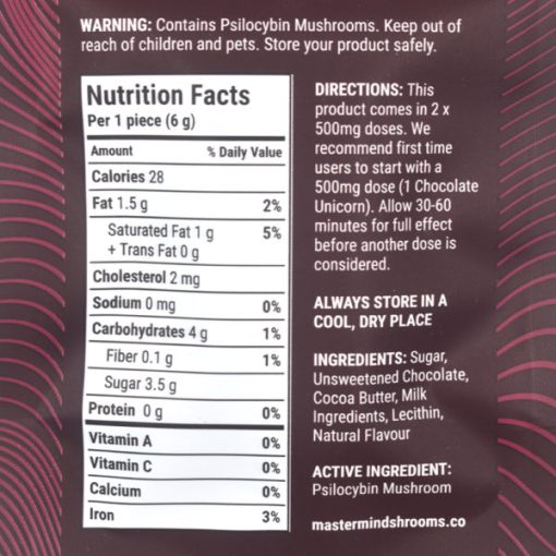 MasterMind – Chocolate Shroomicorns (2x500mg) Back Label